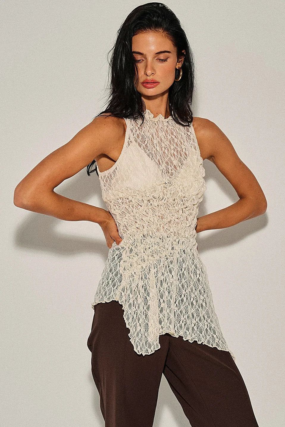 The high, finished neckline of the lace top