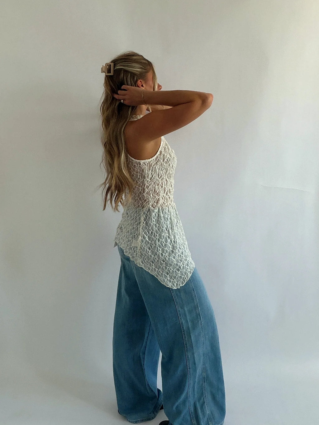 Close view of the lace and the gathered waist detail