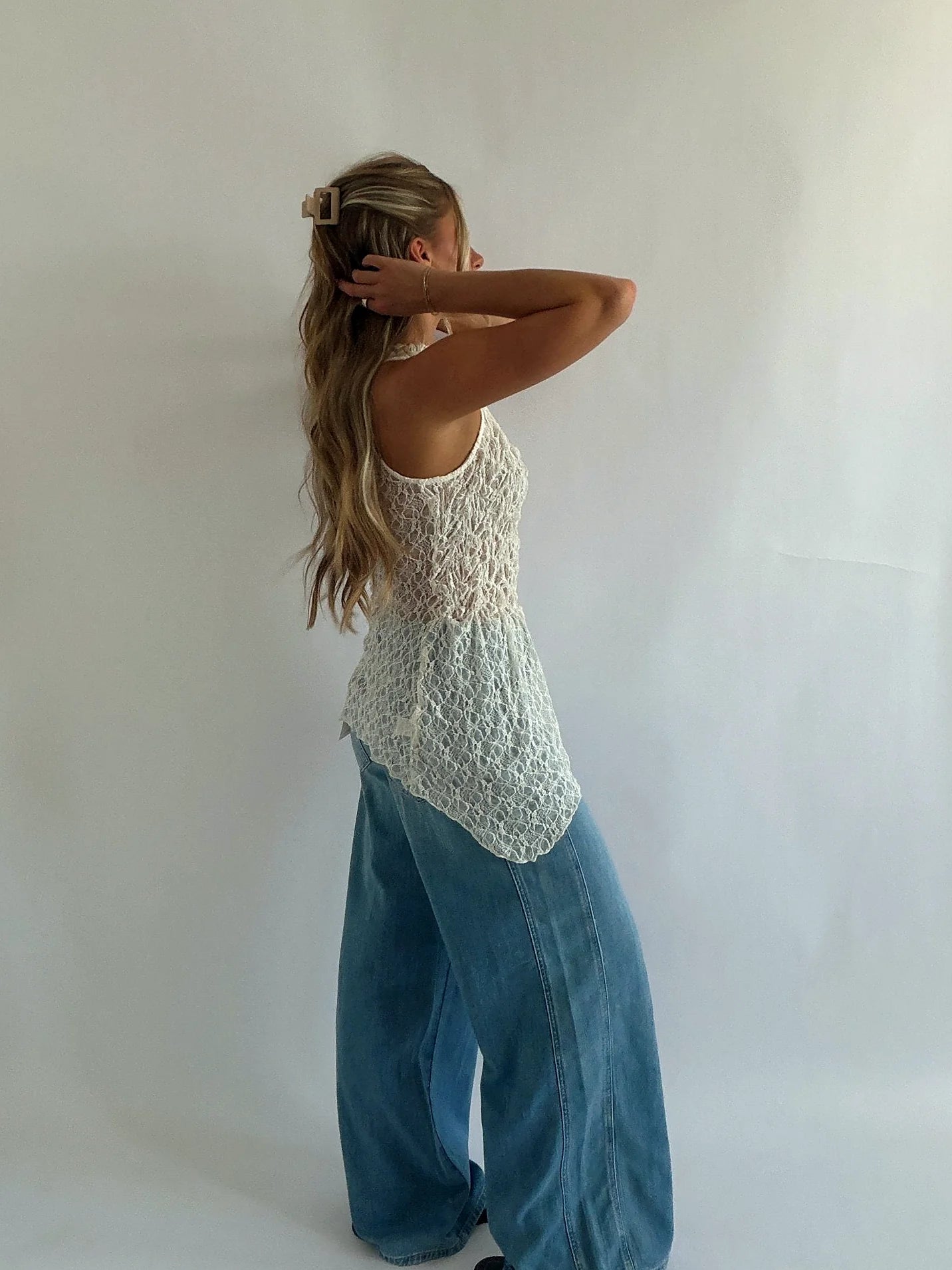 Close view of the lace and the gathered waist detail