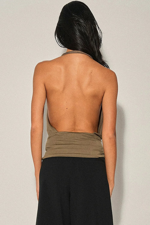 Back view showing the open back of the halter top