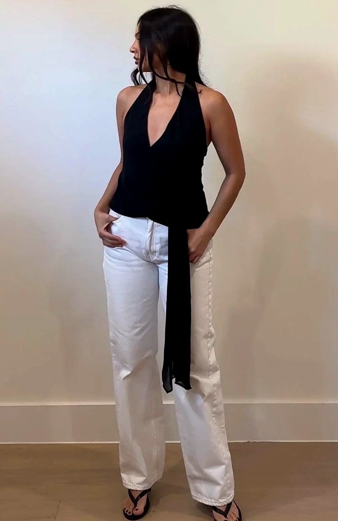 Back view of the black halter top