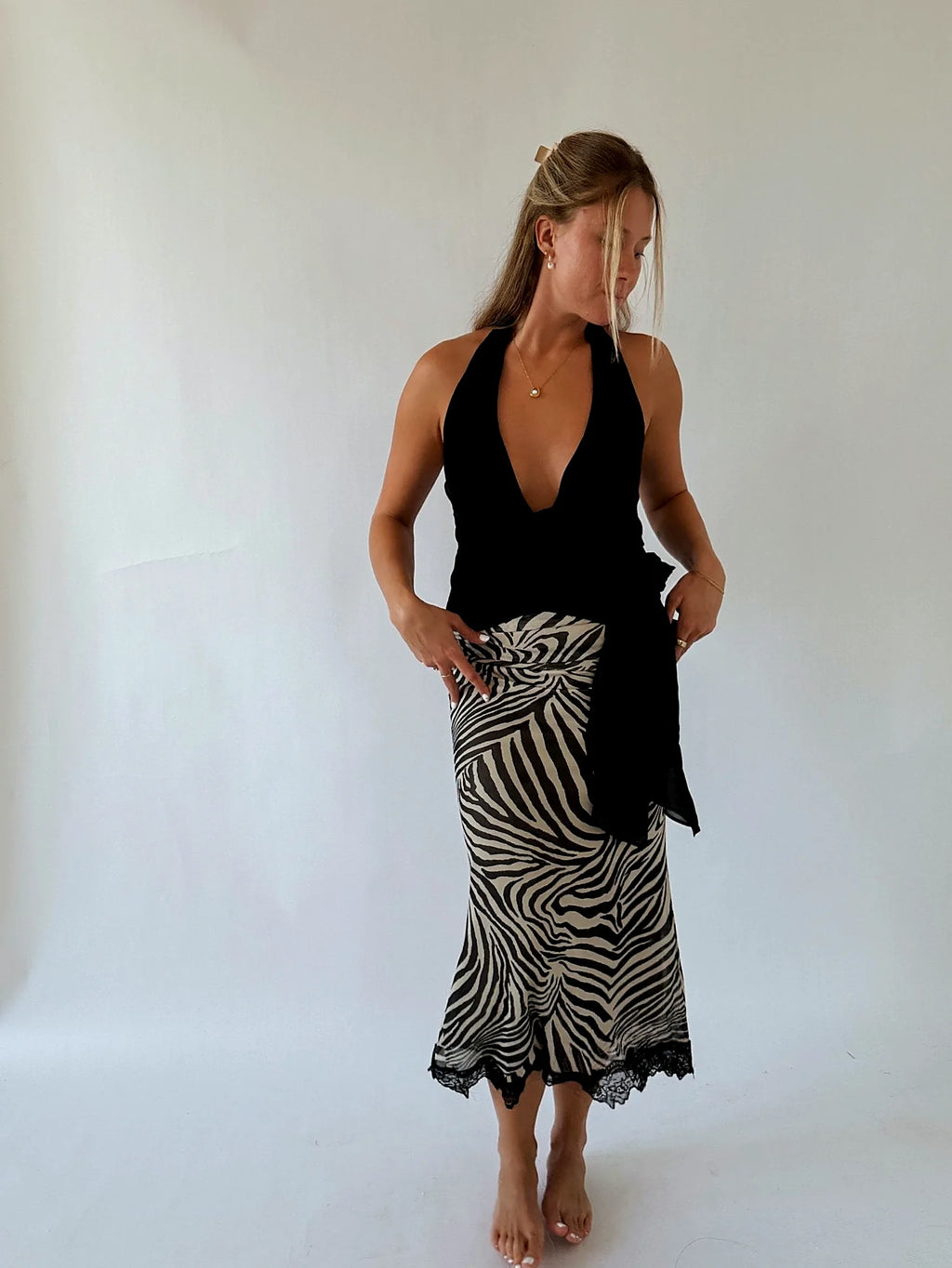 Black Halter Plunge Tie Top