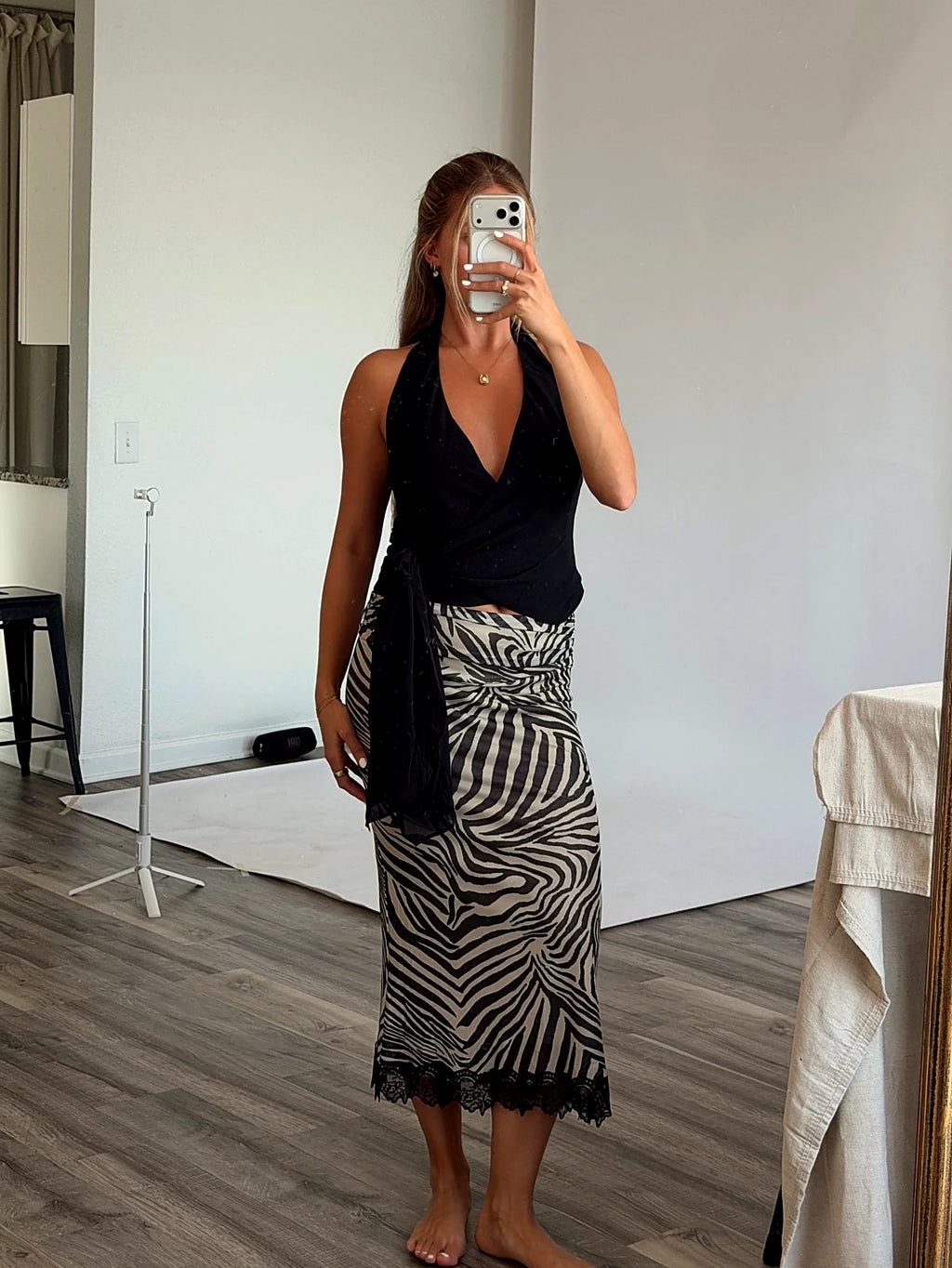 Black Halter Plunge Tie Top