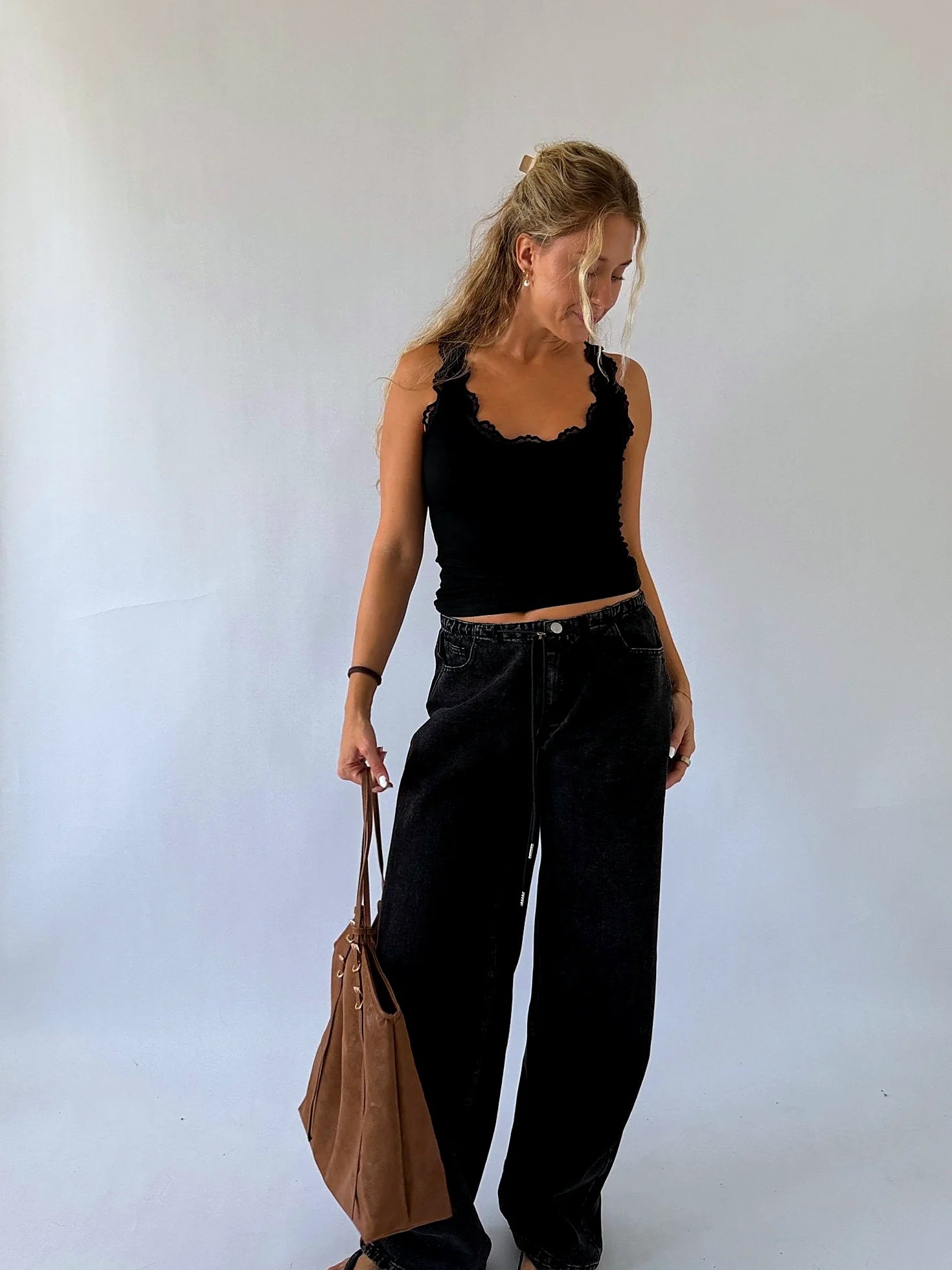 Black Lace Trim Tank Top