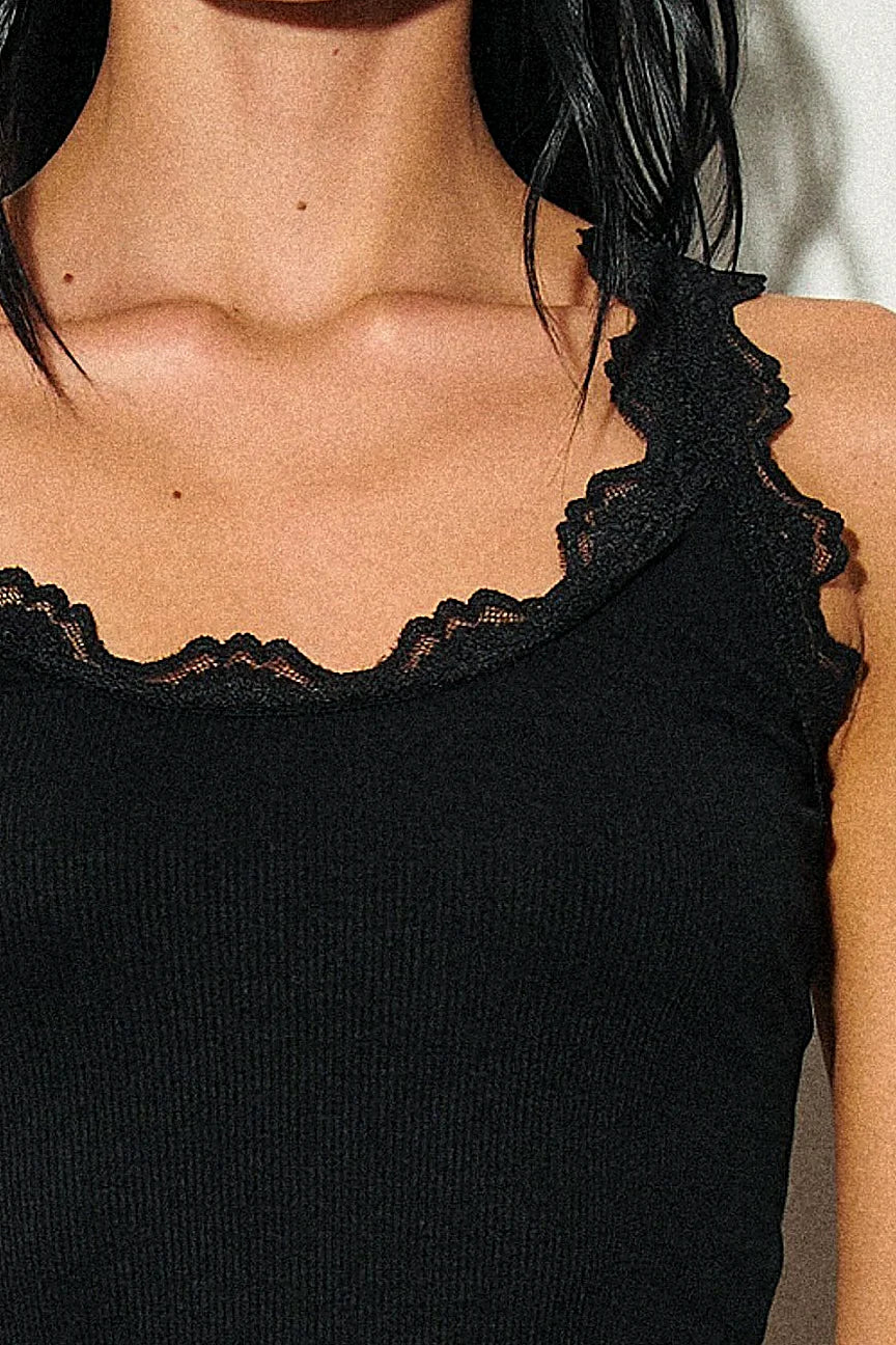 Close view of the lace trim at the neckline