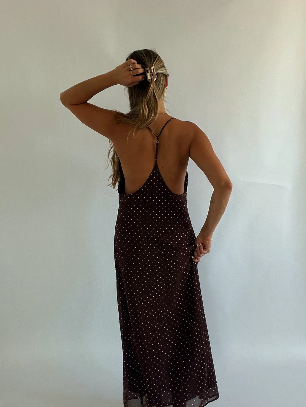 Brown polka dot midi dress with thin adjustable straps