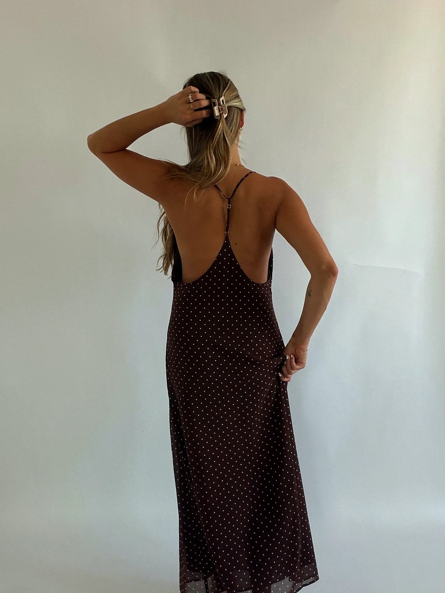Brown polka dot midi dress with thin adjustable straps