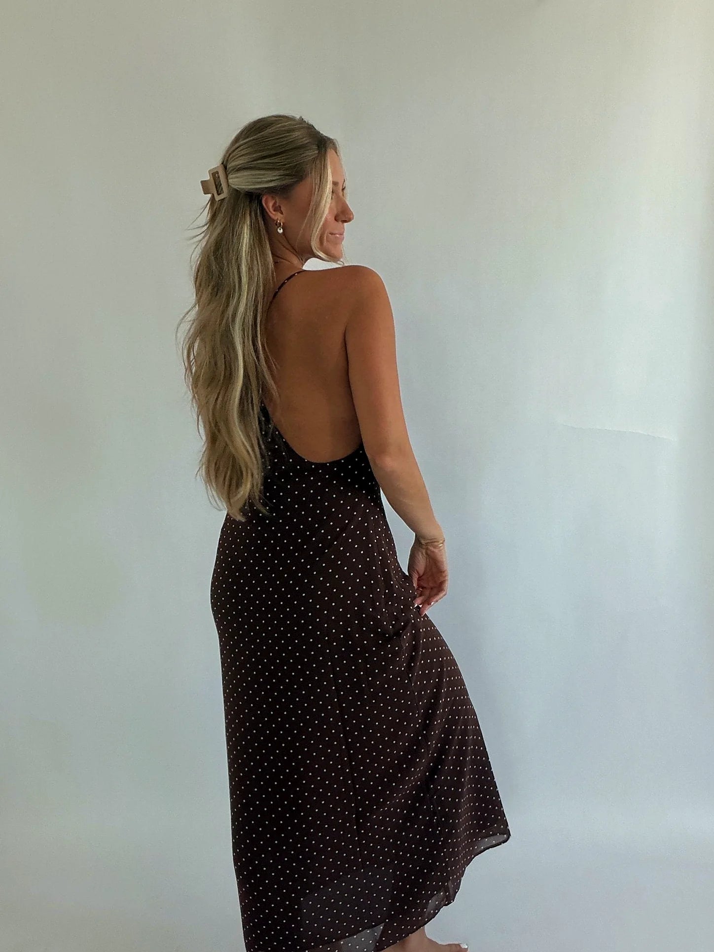 Brown Polka Dot Midi Dress