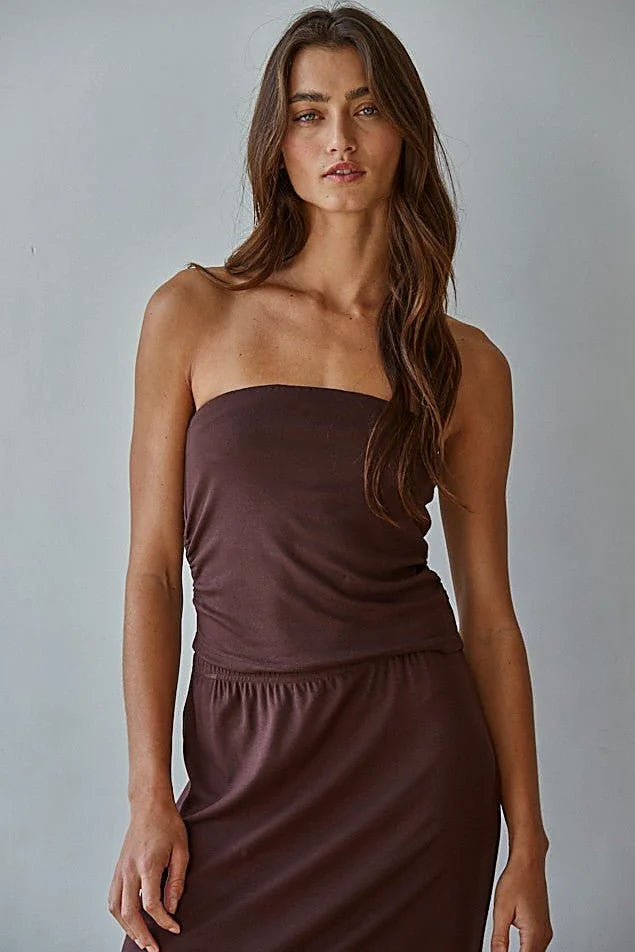 Brown strapless tube top gathered by shirring at the side