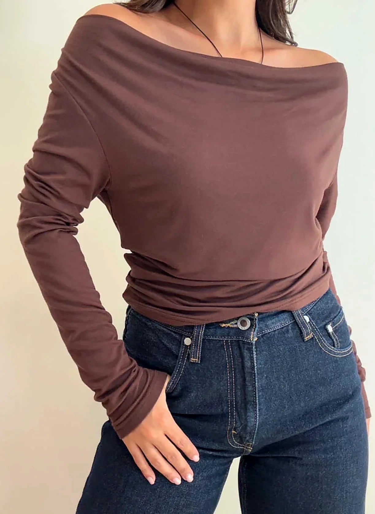 Back view of the long sleeve cowl neck top