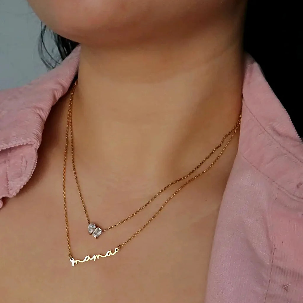 Close view of the small pendant on its fine chain