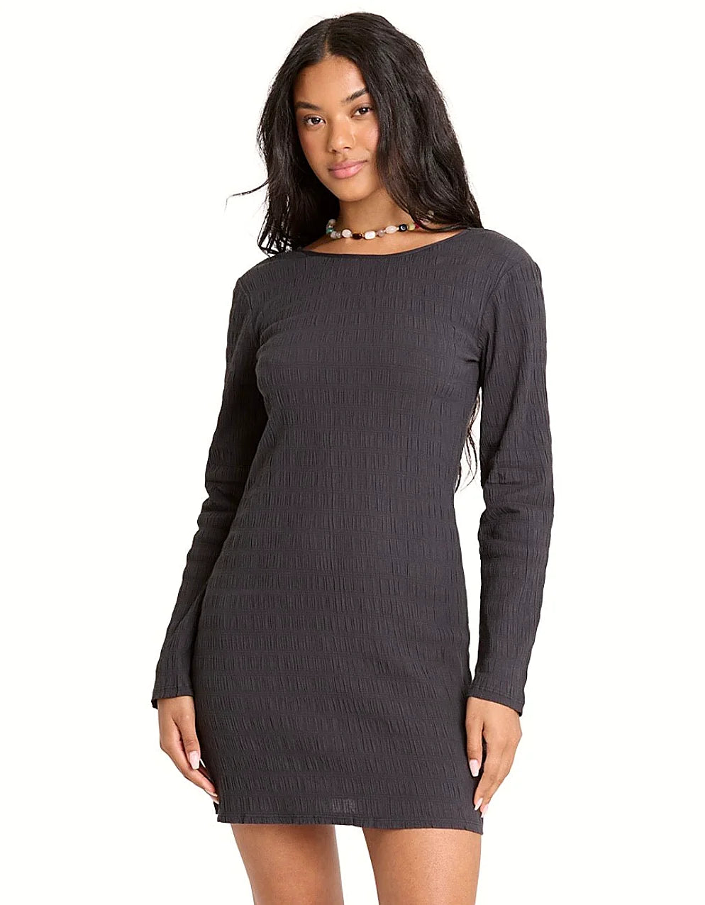 Mini dress shown from the front, smocked through the body