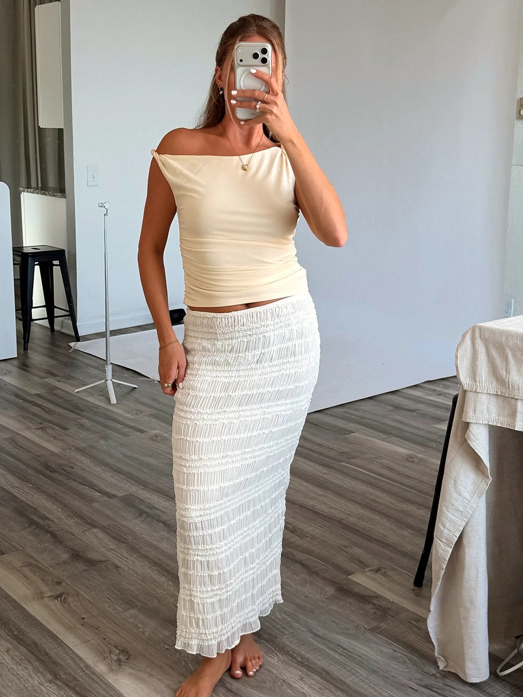 Back view of the ruched off shoulder top