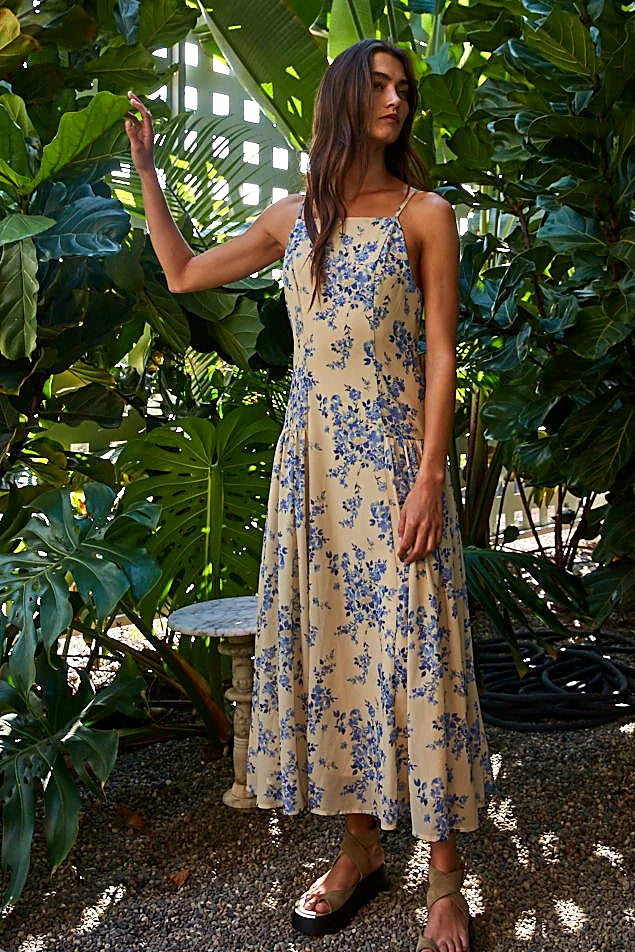 Close view of the floral print on the chiffon fabric