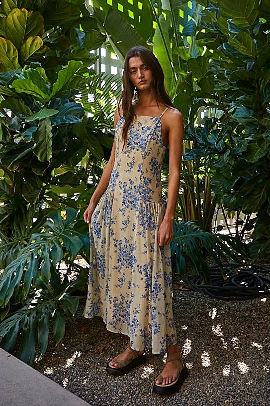 Floral print maxi dress with a square neckline and thin straps