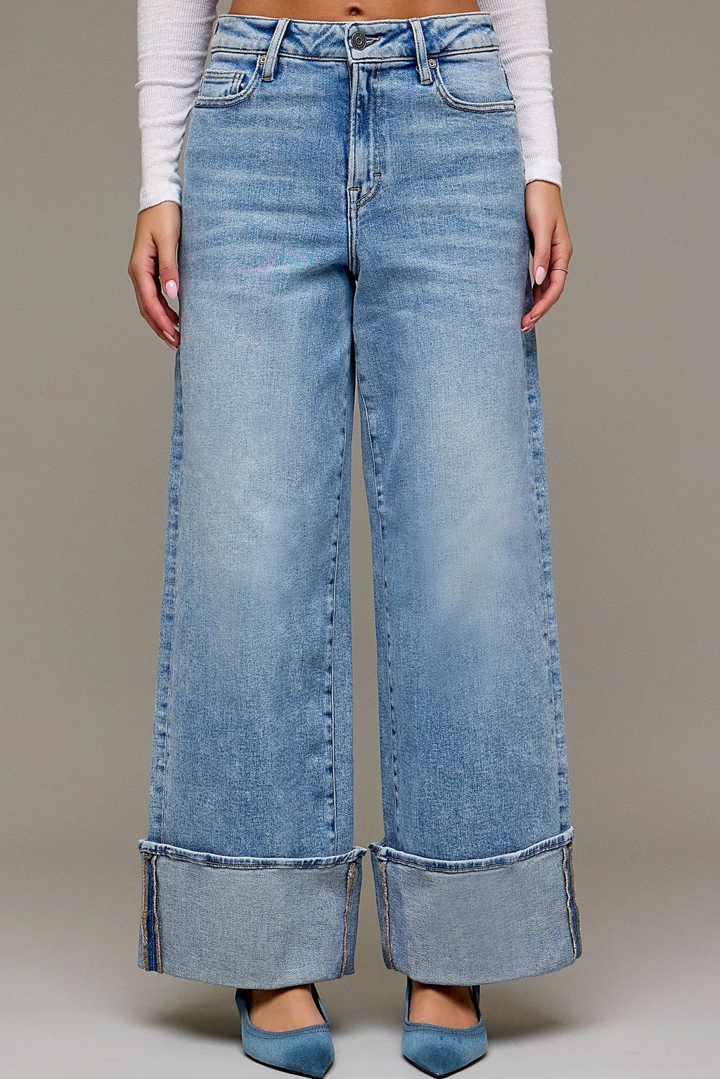 Close view of the cuffed hem at the ankle