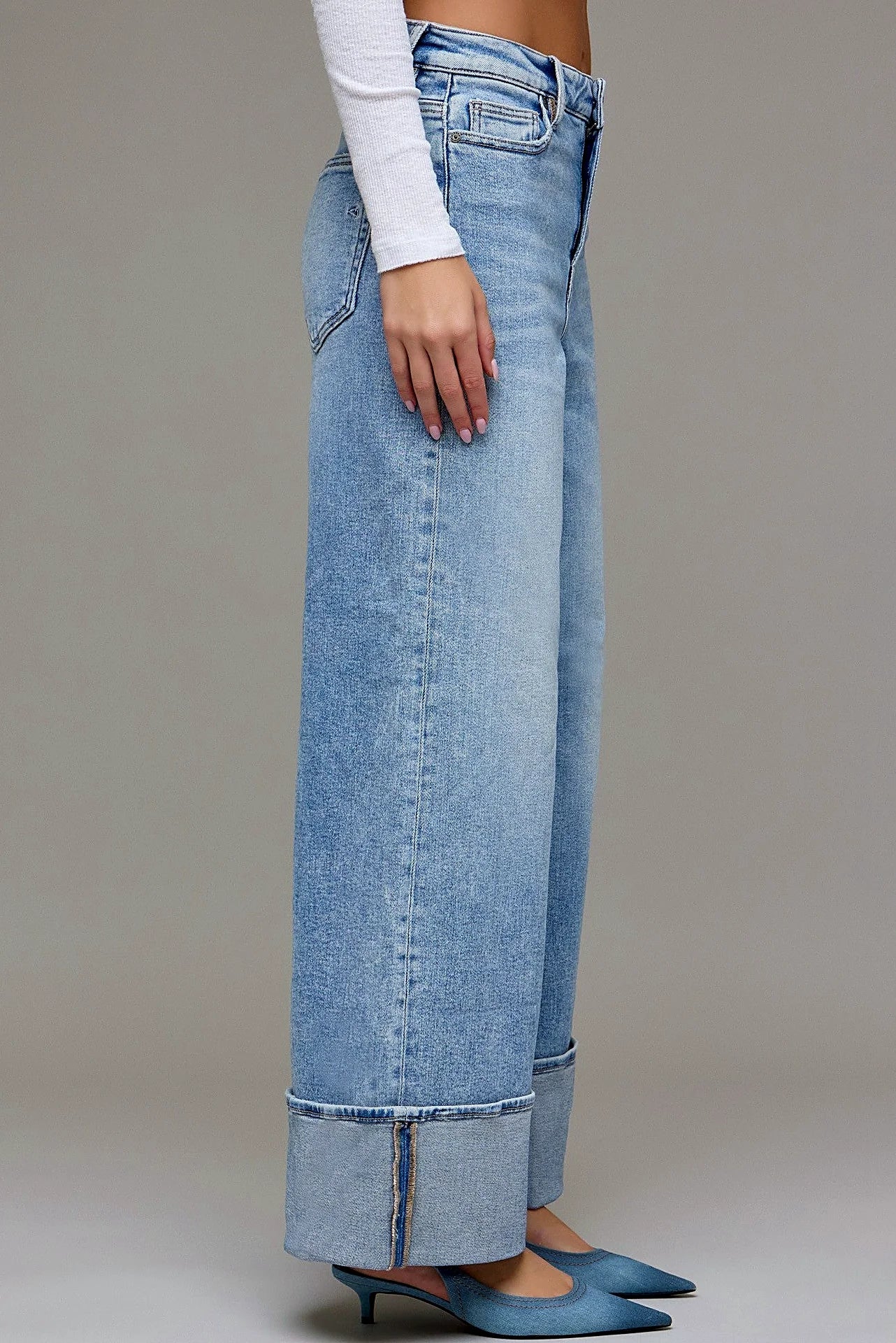 The full length of the wide leg jeans