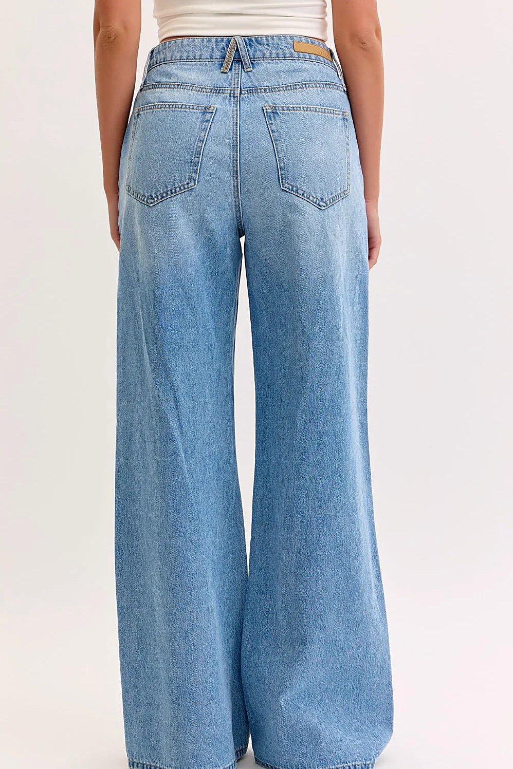 The full length of the wide leg jeans