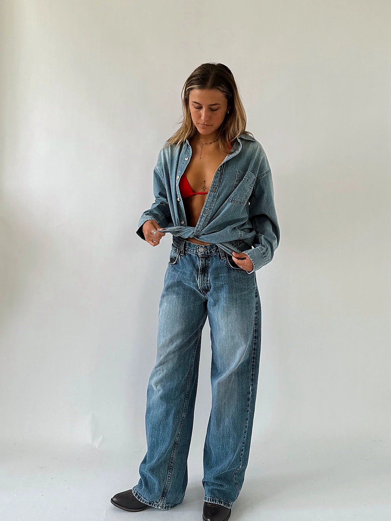 Back view of the relaxed chambray shirt